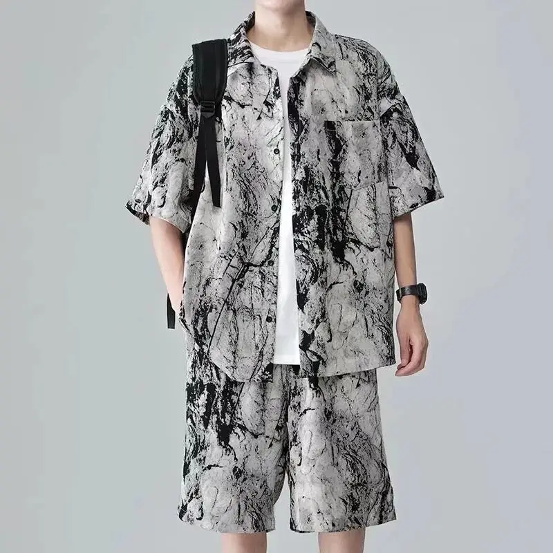 

Шорты-рубашки с цветочным принтом Ink Tie-dye, мужской летний топ из ледяного шелка с короткими рукавами, мужской костюм в китайском стиле