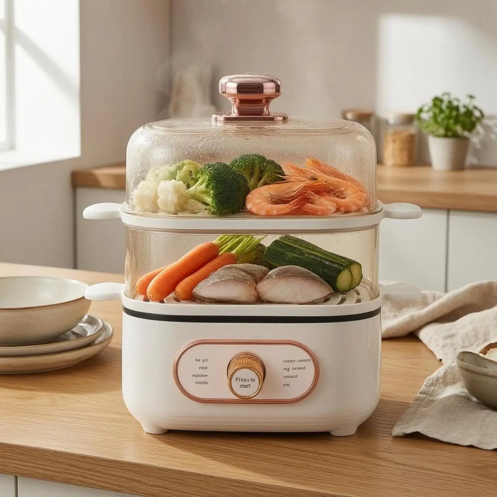 Dual Layer Electric Steamer Kitchen Counter Food Steamer Transparent Chambers Multi Cooker for Healthy Veggie Grain Prep