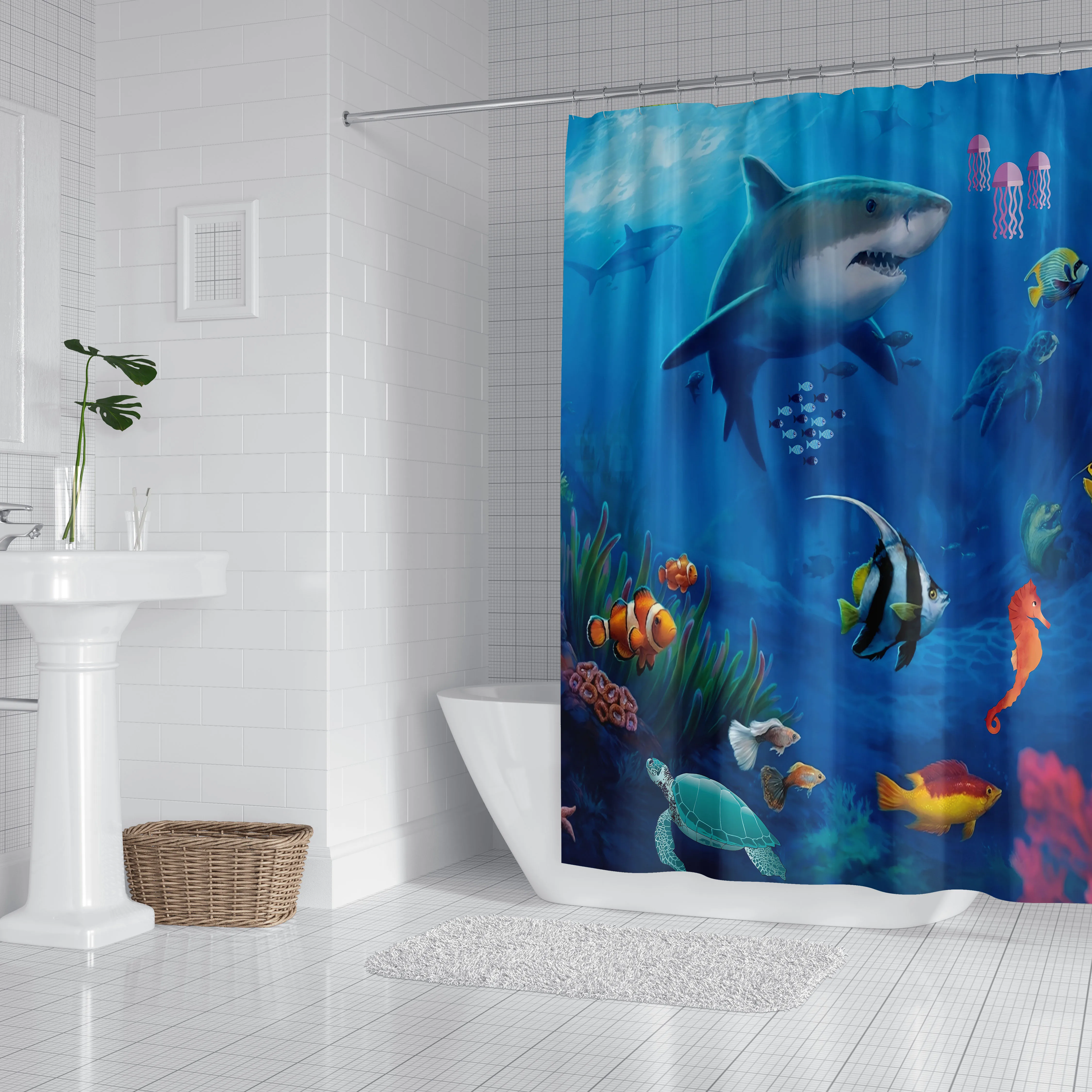 1pc Shark Ocean tenda da doccia divisorio per bagno tenda decorativa lavabile in lavatrice Ocean World Print Window Privacy Curtain