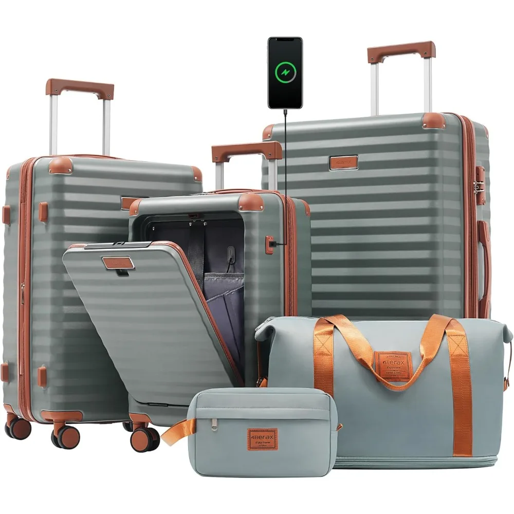

Merax Luggage Sets 3 Piece Front Opening, Hardside Lightweight Carry on Suitcase with Cup Holder USB Port,Durable Expandable Lug