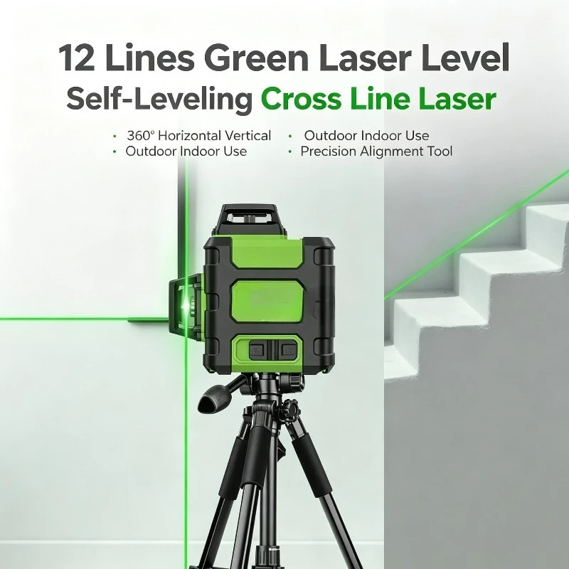 HM03CG Green 12 Lines Self-leveling Cross Line Laser Level with Rangefinder, Detector and Hard Carry Case