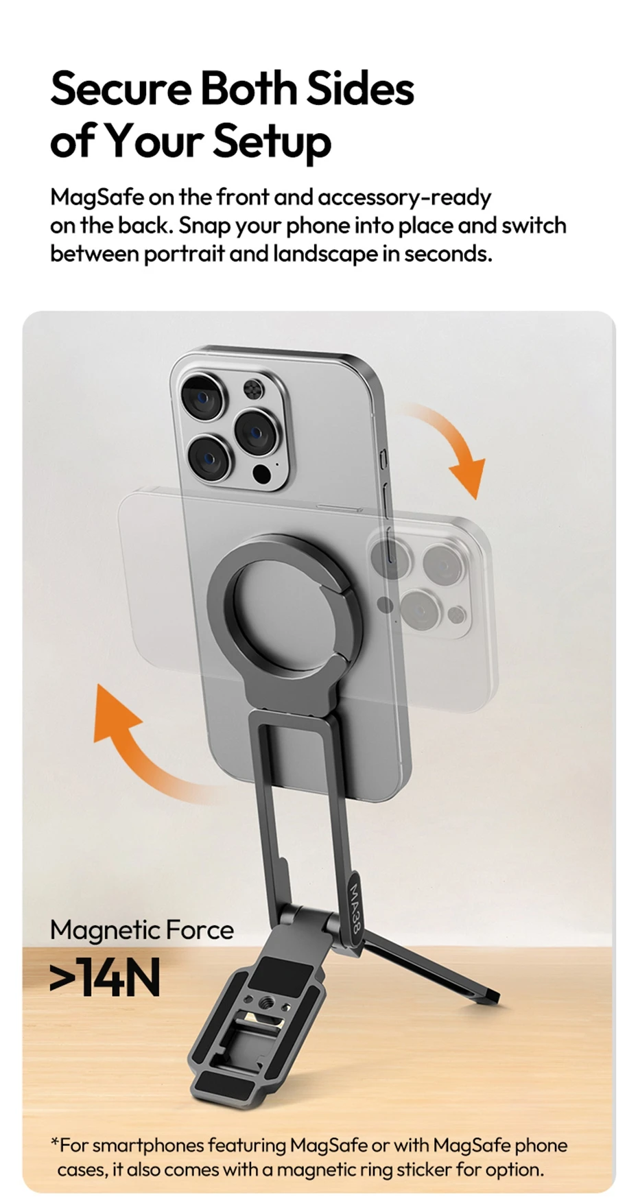 Ulanzi MA38 MagLock Handyhalterung Magnetische Telefonhalterung für iPhone 16 15 14 13 mit Verstecktem Haken für Schrägen Wände Handstativ Schnappmodus Montierbar – Detail 6
