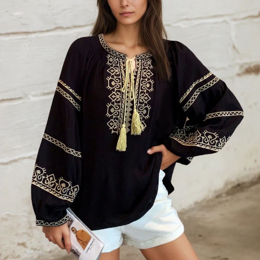 

Cotton Rayon Blouses Shirts For Women Ethnic Lantern Long Sleeve Floral Embroidery Loose Tassel Summer Blouse Boho Beach Tops