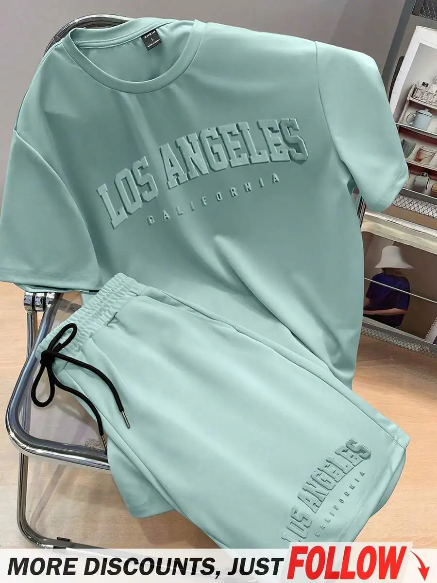 

Mint Green 3D Letter Print Knit T-Shirt And Shorts Set For Men Casual Summer Outfit