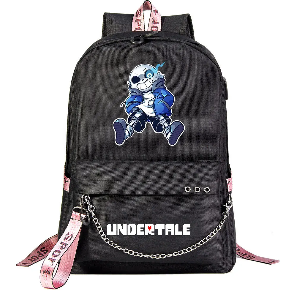 Undertale Skull Anime USB Port Backpack School Student Book Bags Mochila Travel Laptop Chain Headphone