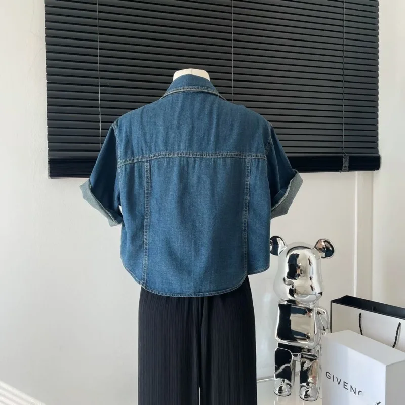 Denim Jacket Shirt Women's Short-sleeved Spring Autumn Korean Style Fashion Retro Lapel Short Top
