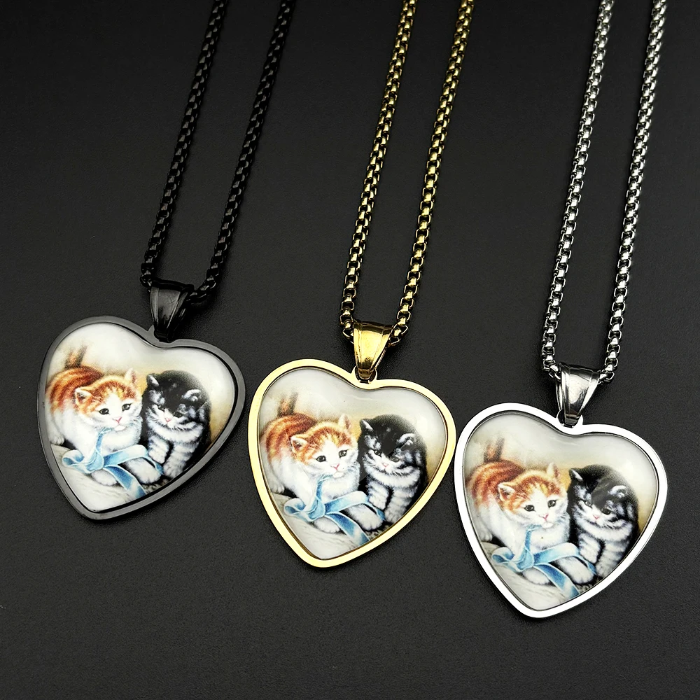 Niedliche Kätzchen-Herz-Anhänger-Halskette aus Edelstahl mit Katzenfoto-Box-Kette, Vintage-Tierschmuck, Geschenk für Frauen und Katzenliebhaber. – Detail 4