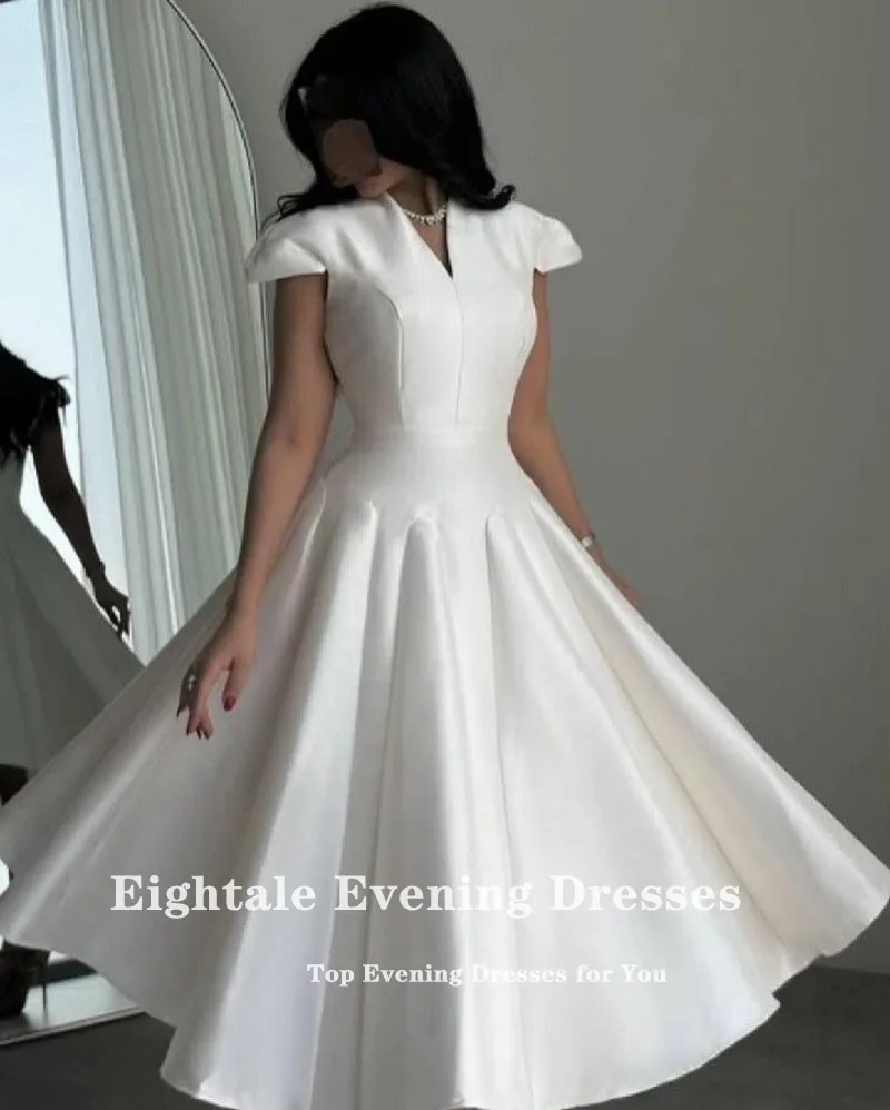 Eightale Arabische Abendkleider für Frauen, maßgeschneidert, V-Ausschnitt, Satin, Flügelärmel, A-Linie, Abschlussball, Partykleid, Hochzeit, Robes de Soirée