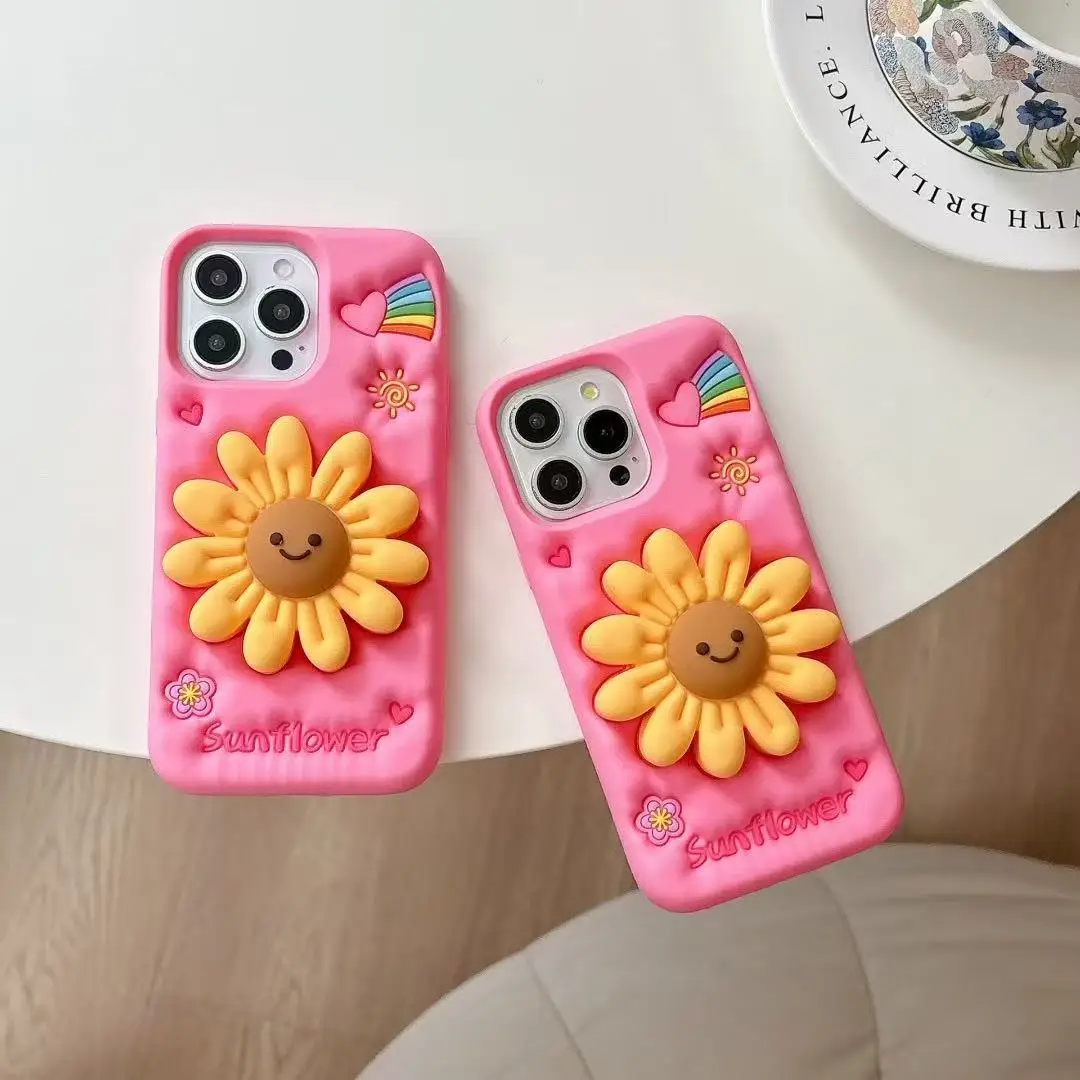 

Kawaii 3D Cute Sunflower Telescopic Bracket Phone Case For iPhone 16 17 15 14 13 Pro Max 14 15 Plus Silicon Shockproof Back Case