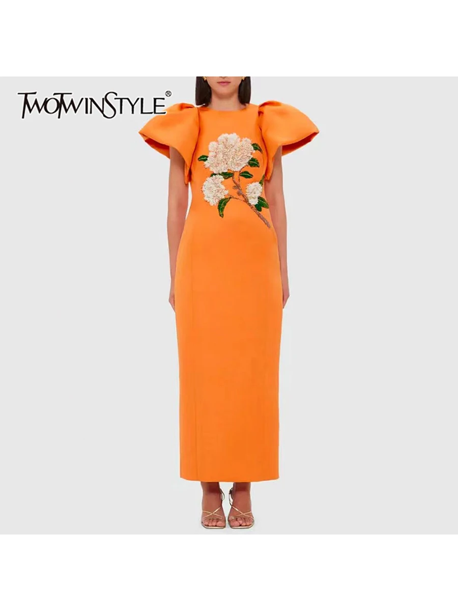 

TWOTWINSTYLE Hit Color Spliced Appliques Slimming Dresses For Women O Neck Short Sleeve High Waist Temperament Dress Female New