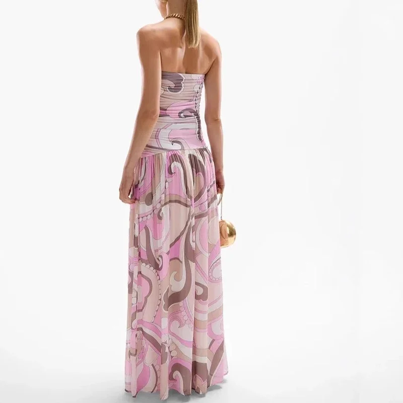 Elegante padrão impresso sem mangas bohe vestido feminino sexy sem alças sem costas balanço vestido moda altura cintura plissado vestidos longos