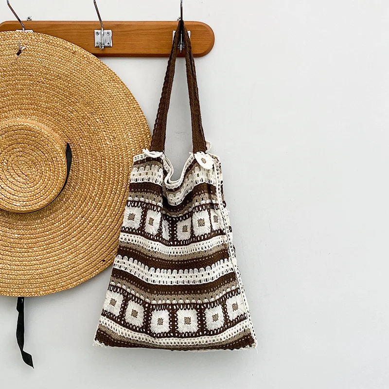 

2025 New Ethic Style Knitted Shoulder Bags Large Capacity Travel Commuter Handbags Print Floral Fashionable Tote Bags