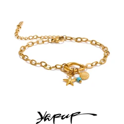 Yhpup Ocean Style Golden Stainless Steel Chain Bracelet Bangle Drop Pearl Turquoise Stone Star Shell 18K Plated Jewelry