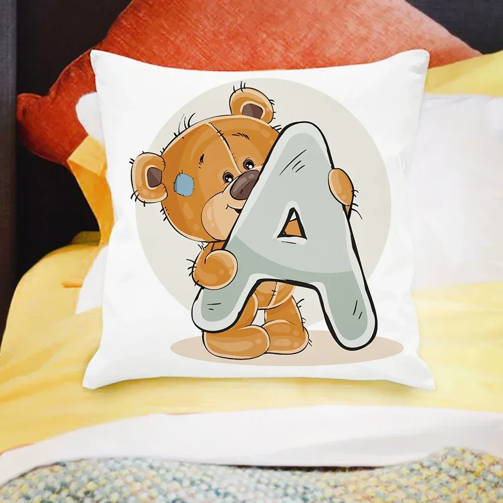 45x45cm 26 English Alphabet A-Z Print Cushion Cover Home Cartoon Bear Sofa Children Room Decor Cute Animal Pillowcase