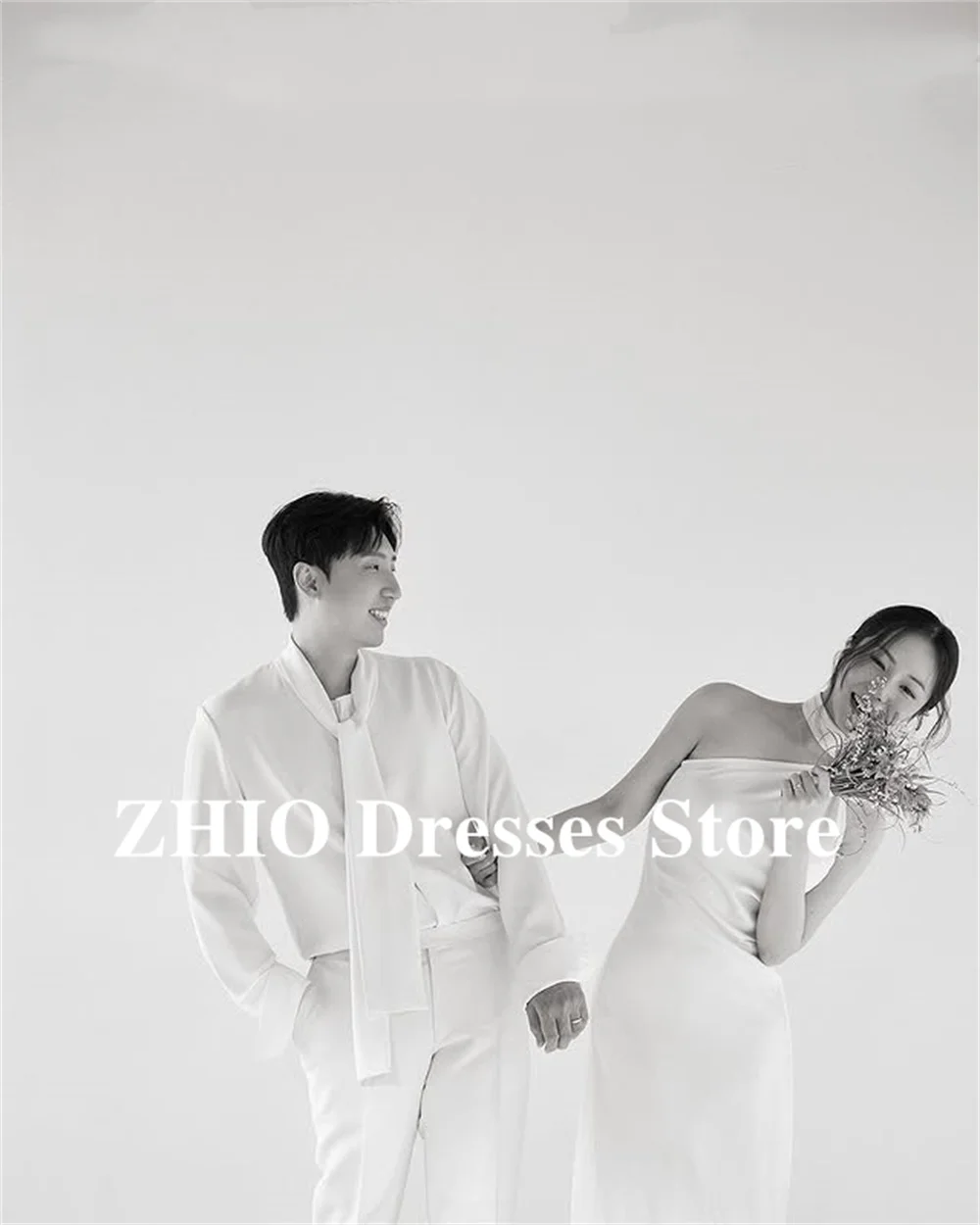 ZHIO Abiti da sposa eleganti con collo alto e fiori fatti a mano per servizio fotografico coreano Lunghezza pavimento Festa formale in raso di qualità personalizzata