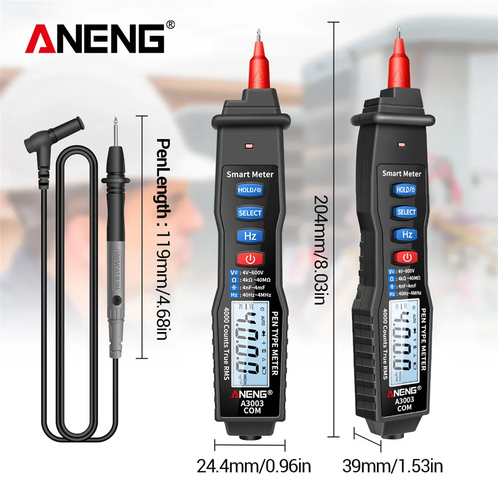 ANENG-multímetro Digital A3003, medidor tipo bolígrafo, 4000 recuentos, sin contacto, CA/CC, resistencia de voltaje, capacitancia Hz, herramienta de prueba, negro