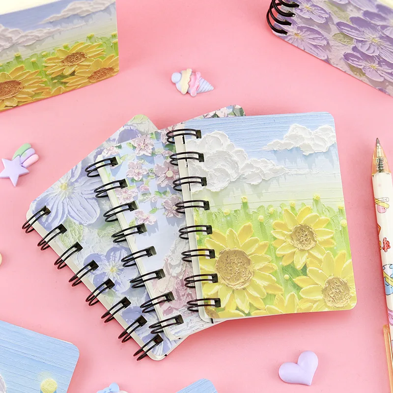 Kawai Side Flip A7 Oil Painting Coil Notebook Elementary School Student Cherry Blossom Notebook Pocket Notepad High Looking