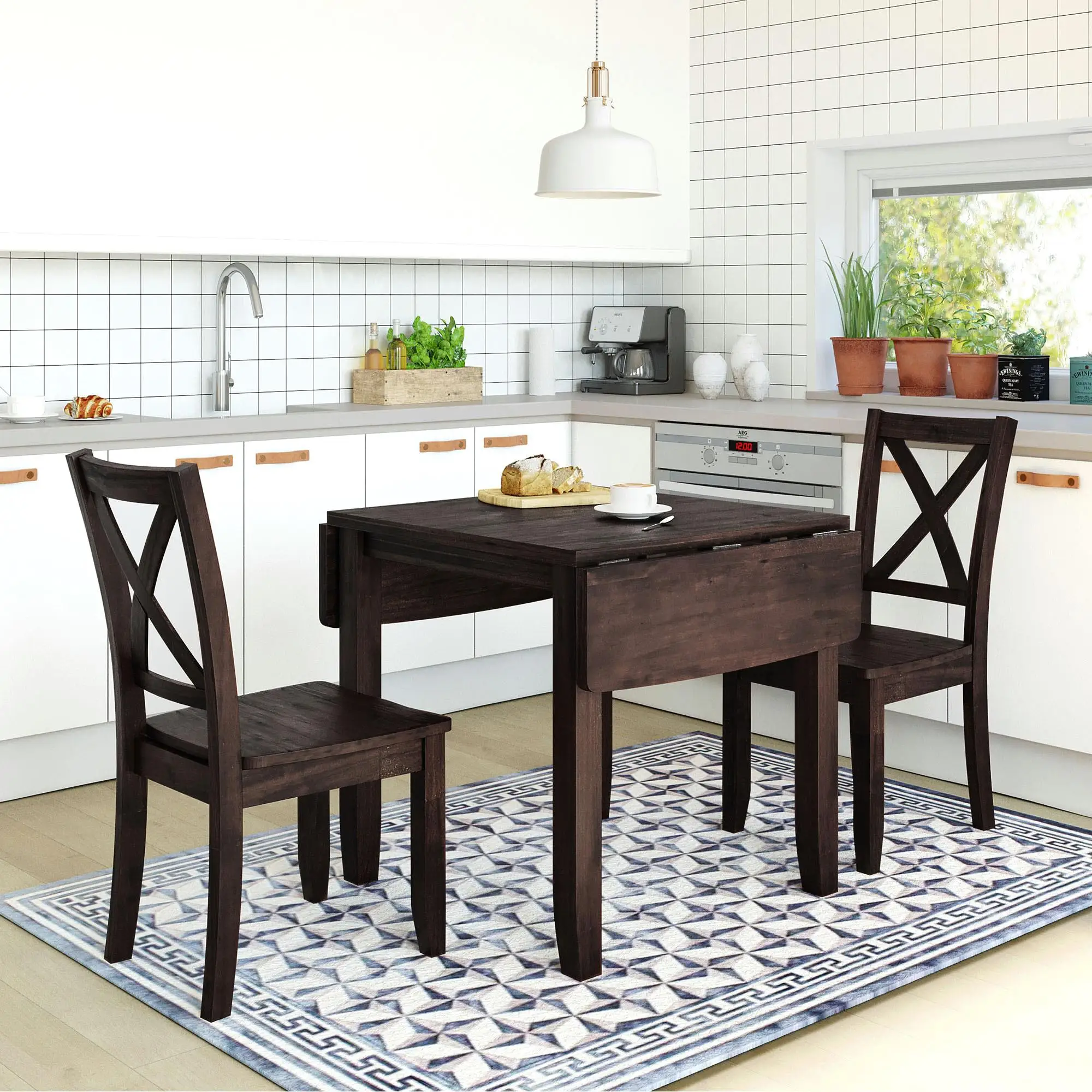 3-Piece Drop Leaf Dining  Set with 2 X-Back Chairs - Compact Wood Breakfast Nook in Espresso Finish