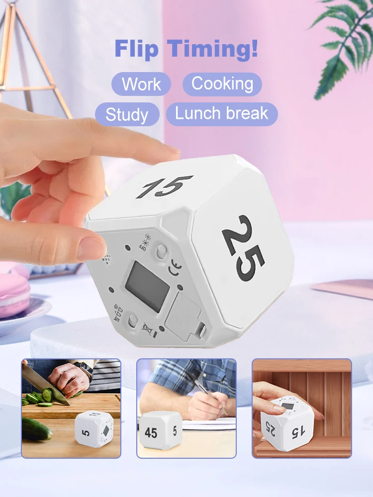 Gravity Sensor Flipping Timer Productivity Cube LED Display 4 Preset Time Dual Modes Countdown Cooking Study Mini Digital Timer