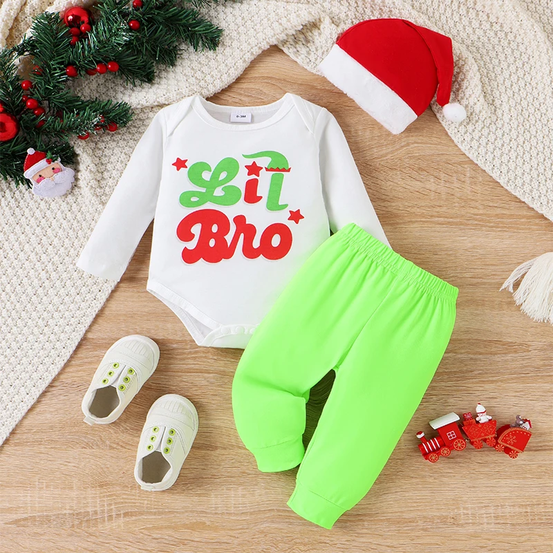 Infant Boys Girls Outfits Set Long Sleeve Christmas Letter Print Romper Red Pants Santa Hat Sets for Newborns