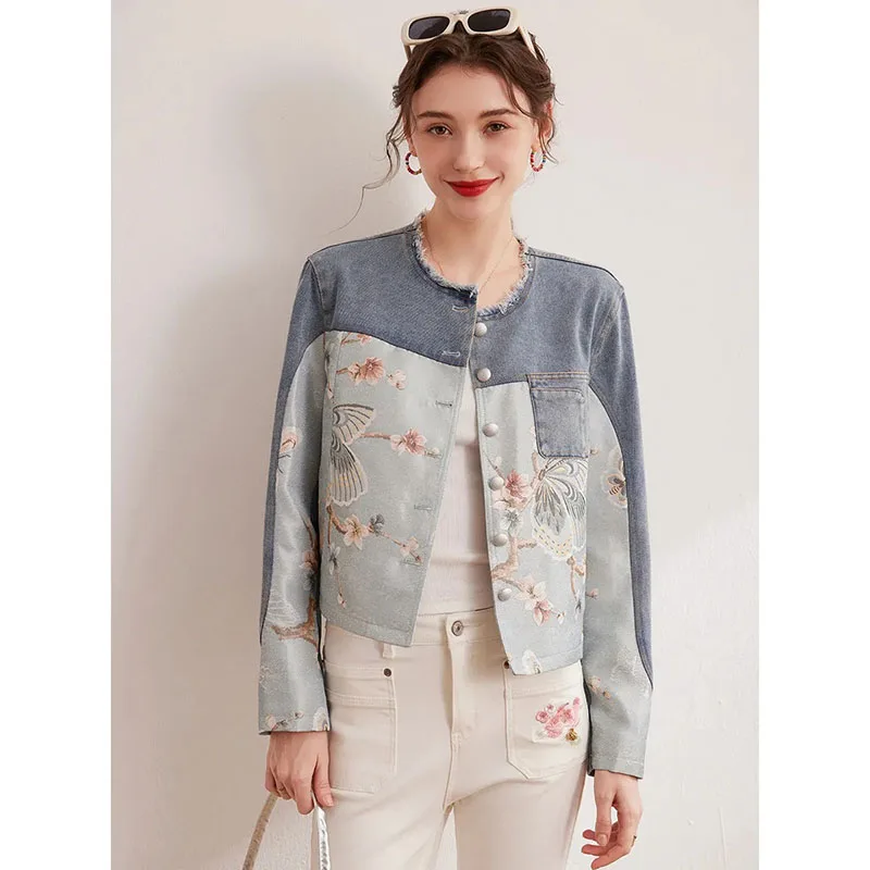 

Chinese Denim Splicing Jacket Soft Flower Print Coat Women O-neck Single Breasted Long Sleeved Tops 2026 Spring Autumn