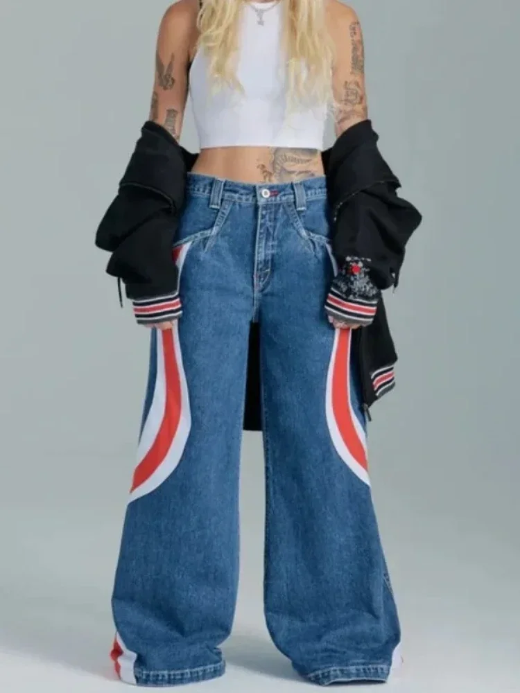 Deeptown Vintage Wide Leg Jeans Women Y2K 90s Aesthetic Style Baggy Blue Denim Trousers Oversized Retro Embroidery Denim Jeans