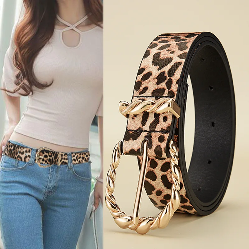 Retro Leopardenmuster PU-Ledergürtel für Damen mit Goldlegierung-Schnalle Modischer Trendgürtel zum Kombinieren mit Jeans Damen-Accessoire