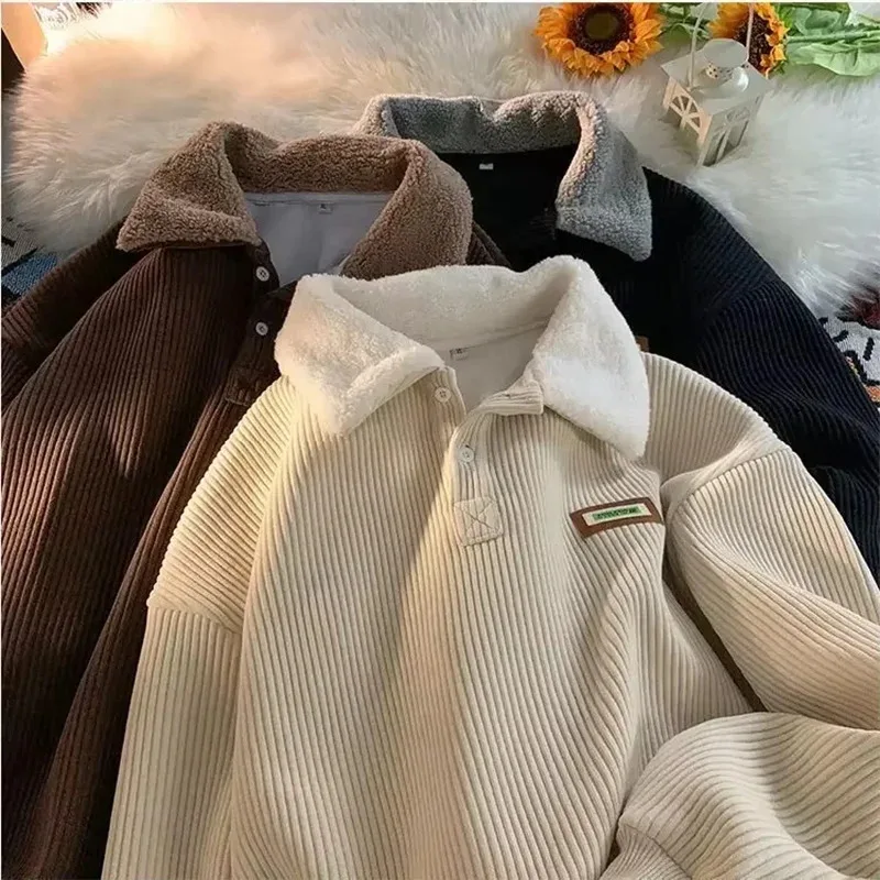 

New Vintage Brown Corduroy POLO Collar Oversized Sweatshirt Streetwear Loose Pullover Thick Velvet Winter Clothes Couples