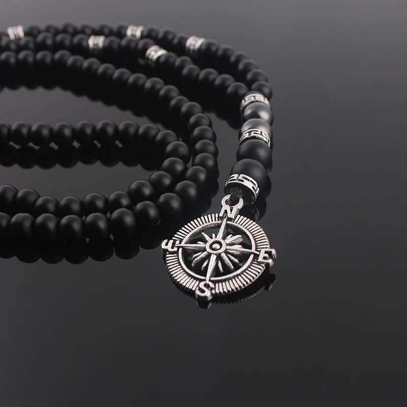 6mm Matte Black Obsidian Necklace with Compass Pendant for Men Handmade Jewelry