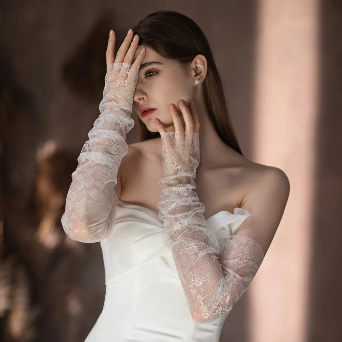 SLBRIDAL-Mangas de vestido de novia sin aletas para mujer, guantes de encaje hechos a mano, flores y perlas, accesorios de fiesta para damas de