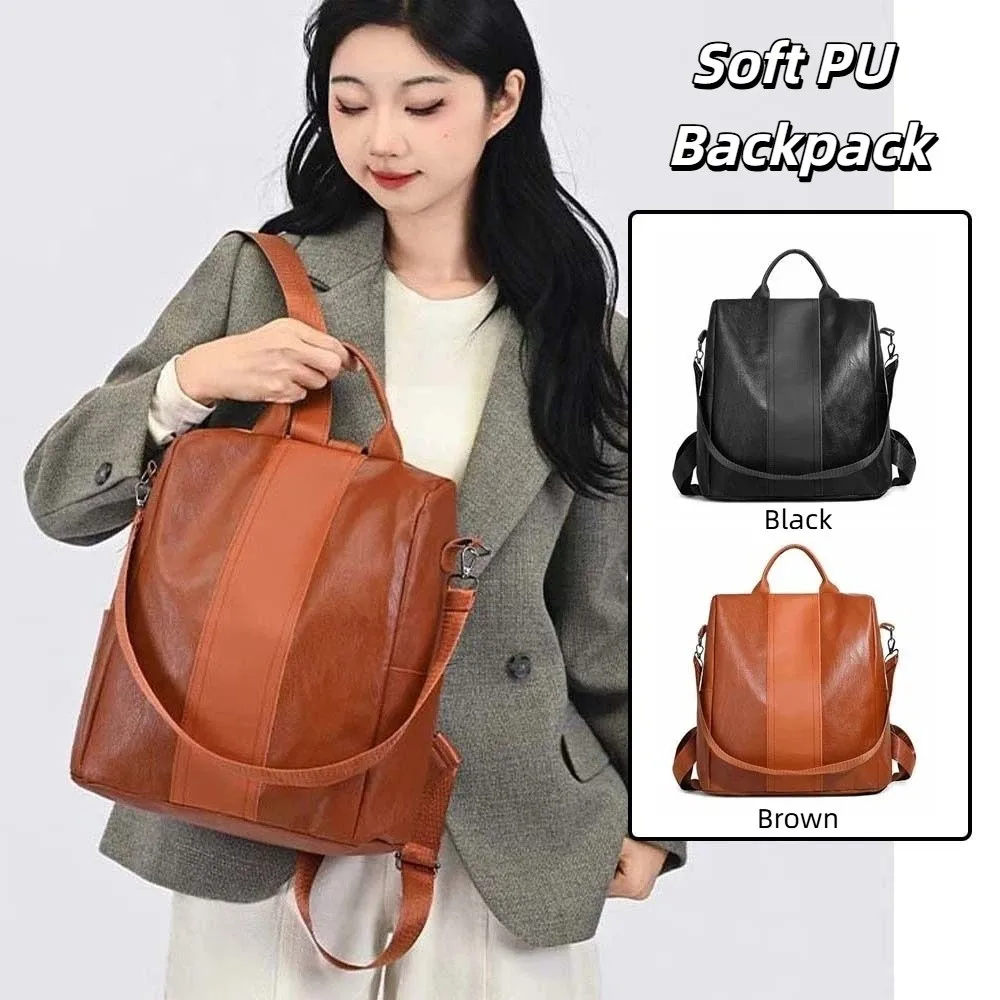 

Elegant Soft PU Backpack Korean Style Solid Color Large Capacity School Bag Crossbody Pouch Anti-splash Water