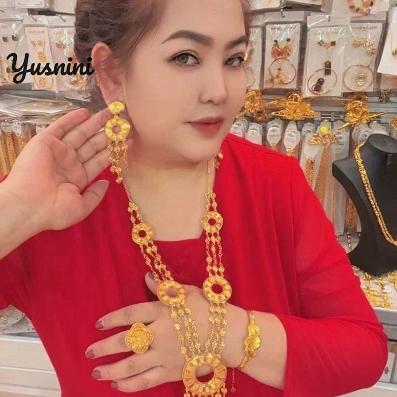 

Модное Дубайское 24-каратное позолоченное индивидуальное ожерелье, серьги, кольца, браслеты, комплект украшений для свадебной вечеринки для влюбленных DD10753