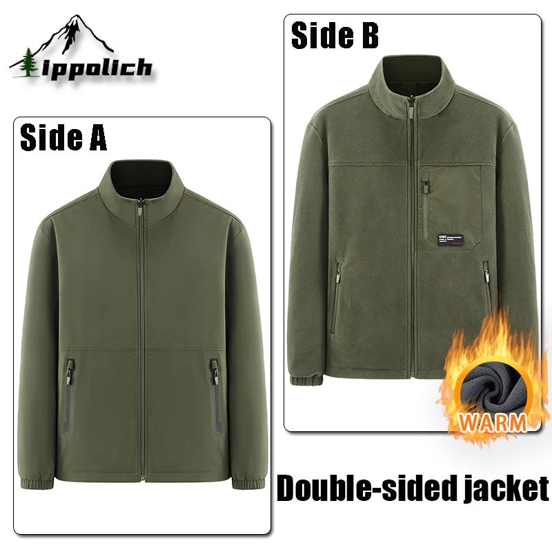 

IPPOLICH Double-Sided Wear Men's Jacket Autumn Winter Mens Thickened Warm Casual Jackets Outdoor Travel Solid Color Warm Jacket