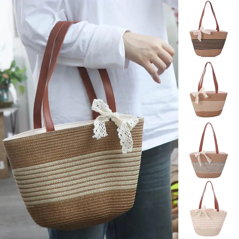 

Sweet Woven Tote Bag Lace Ribbon Large Capacity Stripe Straw Handbag Breathable Lightweight Summer Beach Bag Vacation