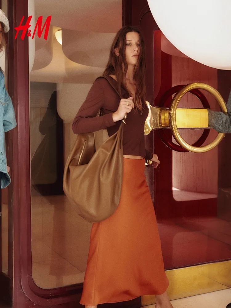 H&M 여성용 드레스 엘레 드레이프드 소프트 글로시 실크 롱 스커트 가을 신상 벨라 스타일 캐주얼 미드 웨이스트 솔리드 컬러 스탠드 핏