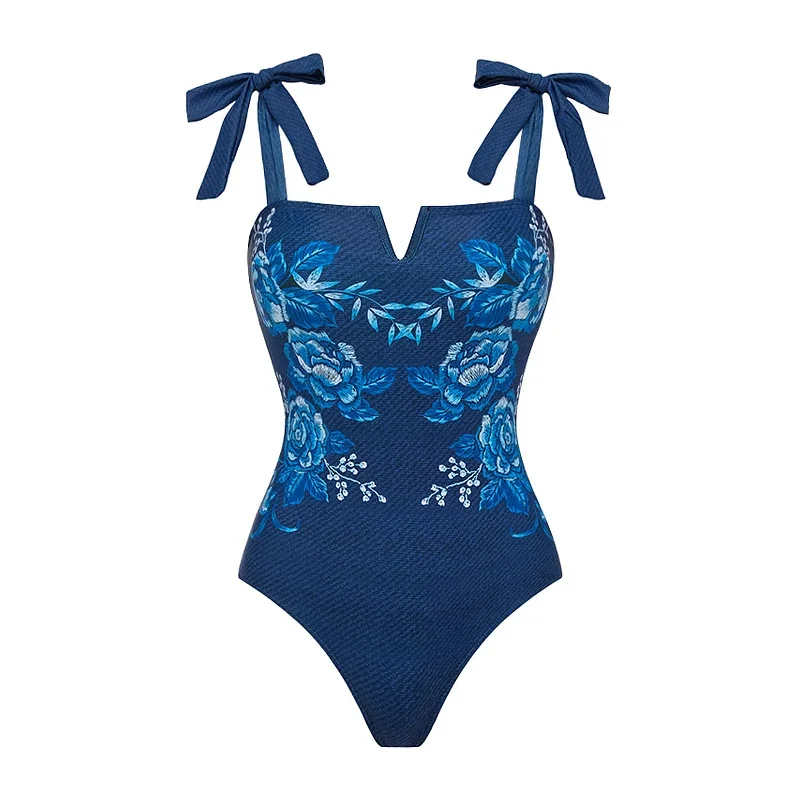 Nuevo traje de baño Push Up para mujer, traje de baño de una pieza con estampado bordado y hombros descubiertos, traje de baño Monokini