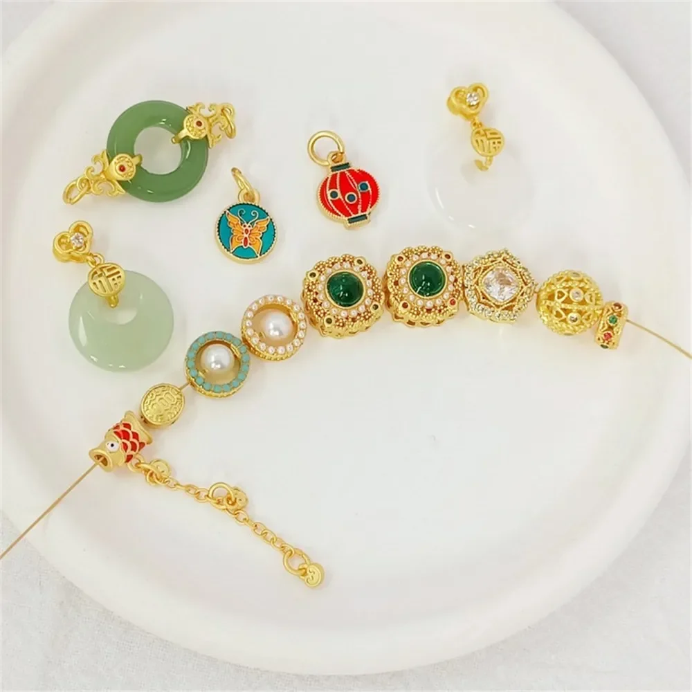 

Ancient-style Gold Accessories Zirconium-inlaid Pearl Bead Ring Richest World Flat Spacer Beads Peace Pendant Bracelet Jewelry