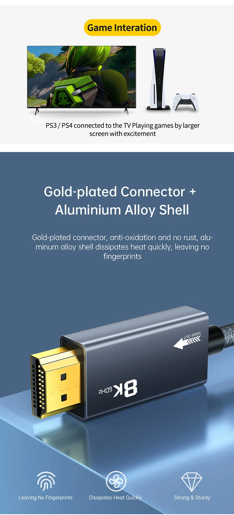 DisplayPort-zu-HDMI-Kabel 8K, VRR 4K@240Hz 2K@480Hz Aktives DP1.4-Quellkabel zu HDMI2.1-Displaykabel für Monitore von AMD, NVIDIA, Dell – Detail 12