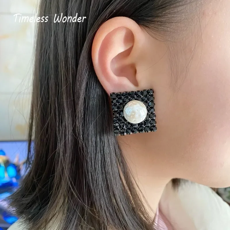 Timeless Wonder Fancy Rhinestone Geo Square Clip on Earrings for Women Designer Jewelry Punk Luxury Brand Rare Top Runway 3322