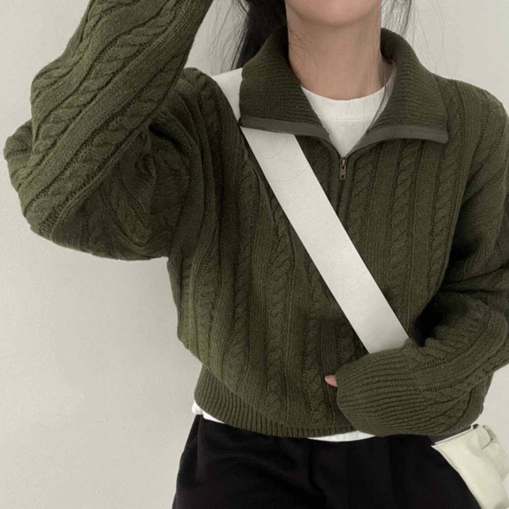 Suéter de punto de gran tamaño para mujer, Jersey Vintage holgado de manga larga con cremallera, Cuello medio alto, coreano, Otoño, 2023