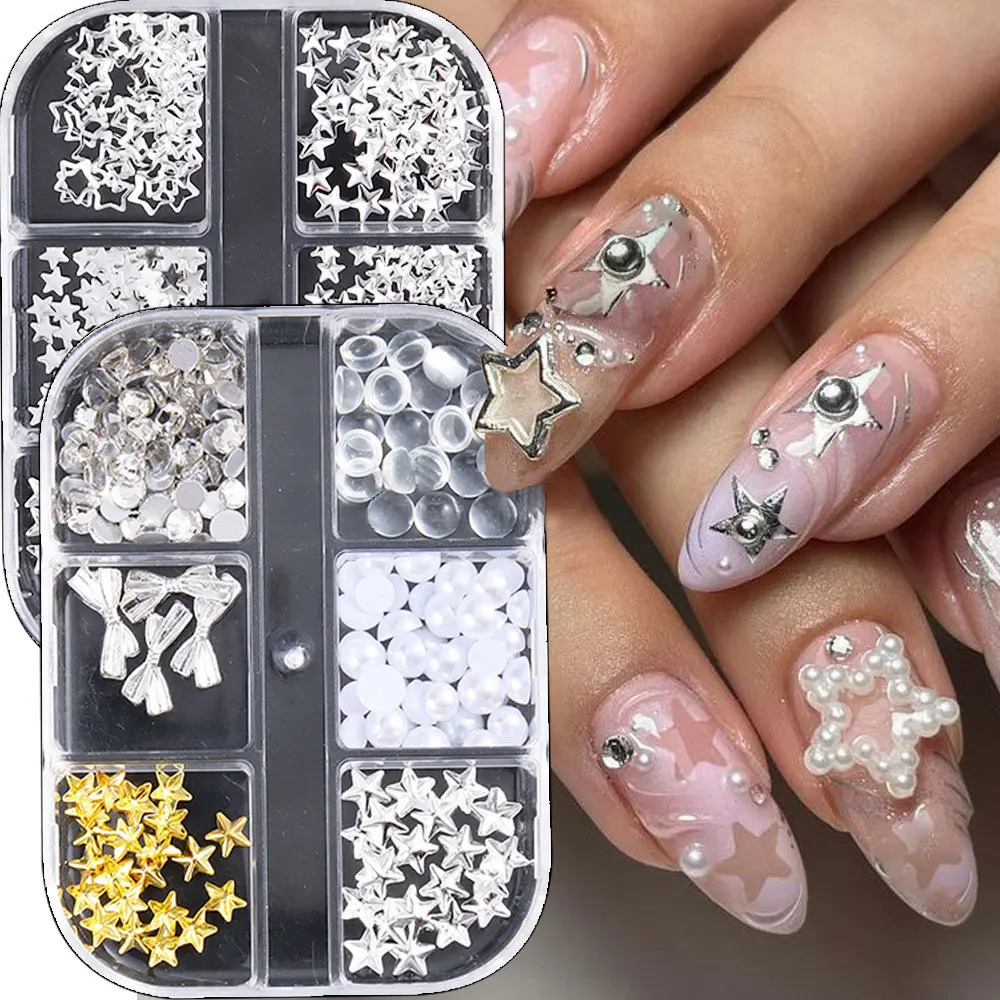6Girds 골드 실버 스타/보우 네일 아트 참 반구형 진주 투명 라인스톤 네일 젬스 속이 빈 별 네일 리벳 스터드 장식