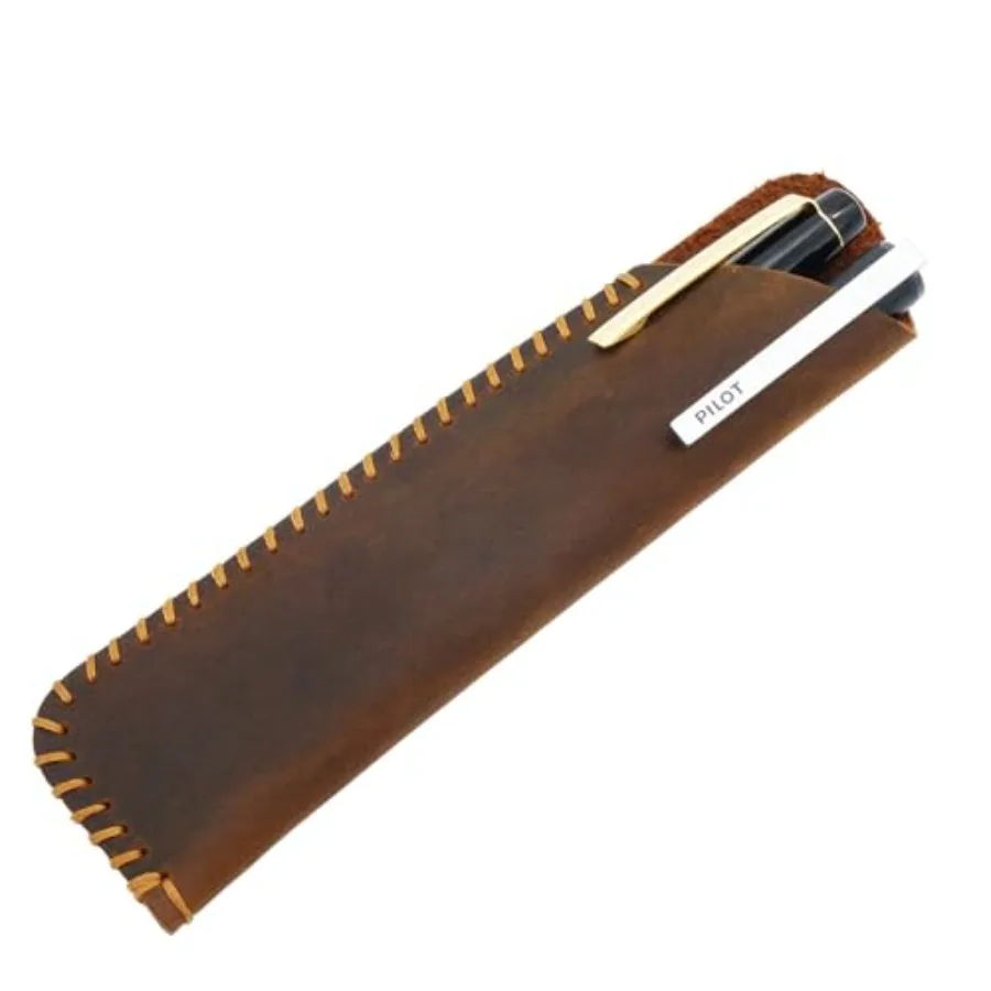 

Handmade Leather Double Pen Case Crazy Horse Leather Fountain Pen Pouch Protective Sleeve Cover