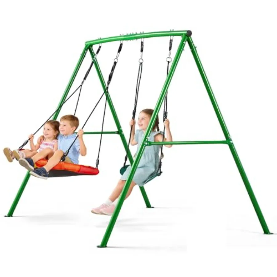 

Swing Set for Backyard 32 in Saucer Swing Seat and Belt Seat with Heavy Duty A-Frame Metal Stand 440 lbs Load Capacity Reinforc