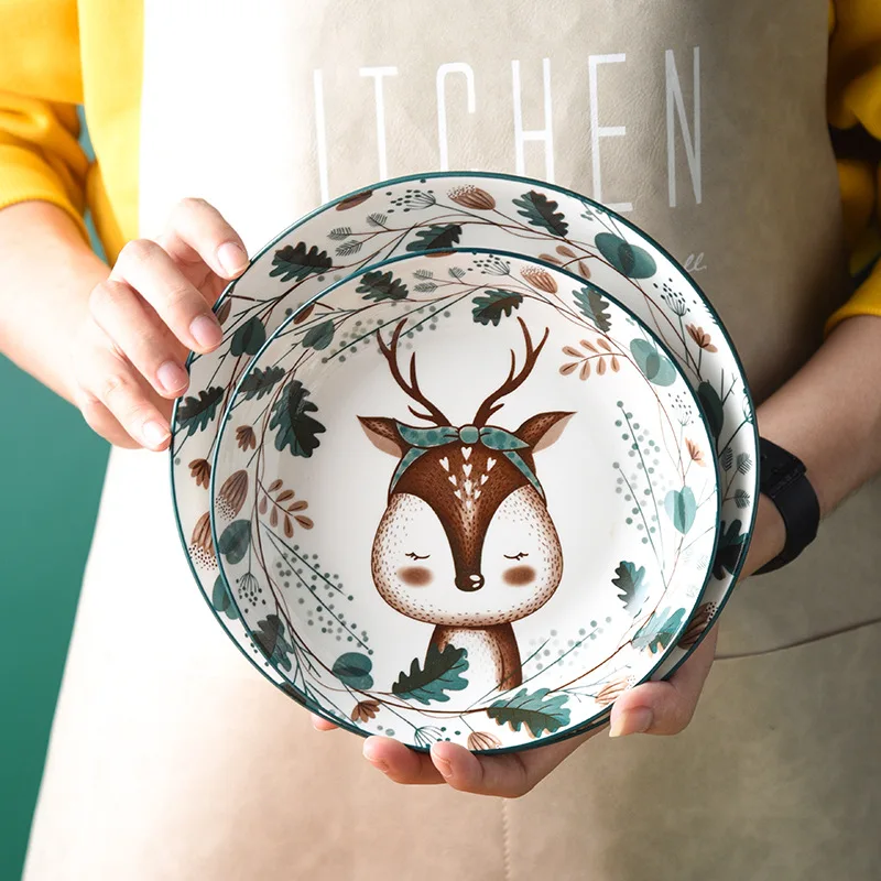 Nordic Ceramic Hand-Painted Glazed Color Plate Bowl Set Cartoon Deer Household Anti-Hot Baking Plate Forest Animal Tableware Set