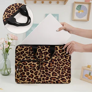 Classic Leopard Print Laptop Handbag Shockproof Notebook Case With Front Pocket For Travel Office
