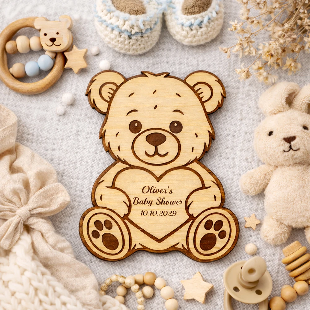 10/30/50 pièces Étiquettes personnalisées en forme d'ours en peluche pour la fête prénatale, étiquettes de nom en bois acrylique personnalisées, étiquettes cadeaux, décorations de fête d'anniversaire, souvenirs
