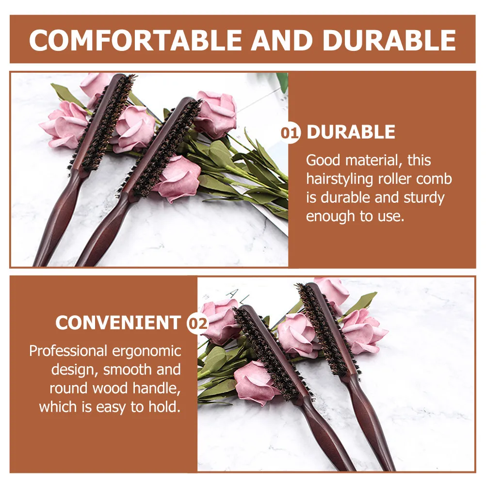 

2Pcs Natural Pig Bristle Hairstyling Roller Comb with Ergonomic Wood Handle for Smooth Frizz Free Volume Curling Straighten Curl
