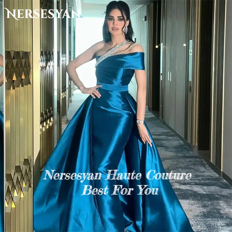 Nersesyan Fashion Blue Satin Mermaid Evening Gowns Shiny One Shoulder Party Dresses Floor-Length Special Occasion Dress 2023