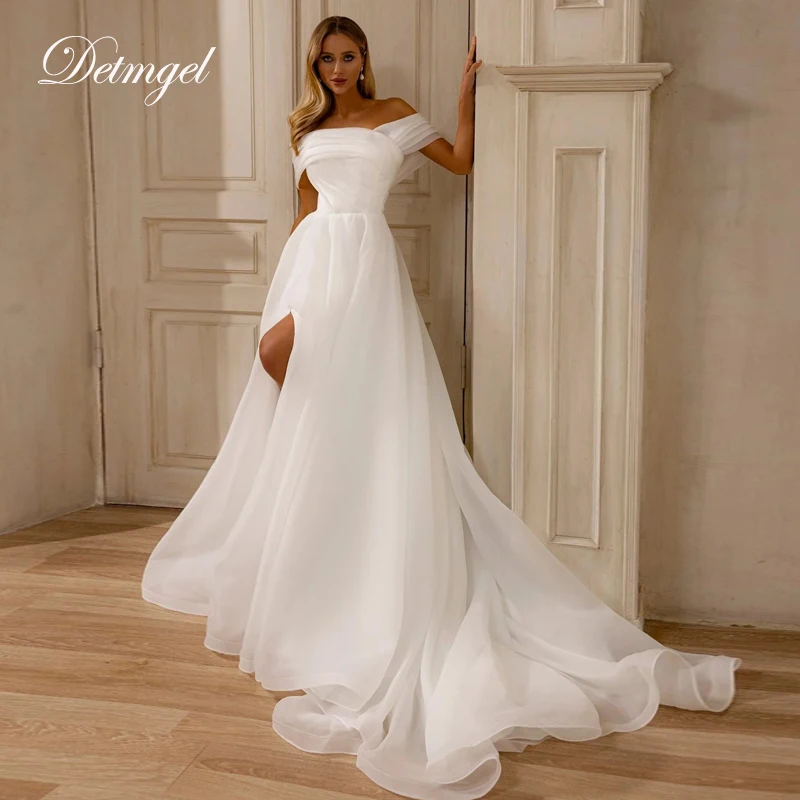 

Detmgel New Simple Boat Neck A-Line Wedding Dresses Modern Cap Sleeve satin Court Train Bridal Gown Vestido Novia Customized