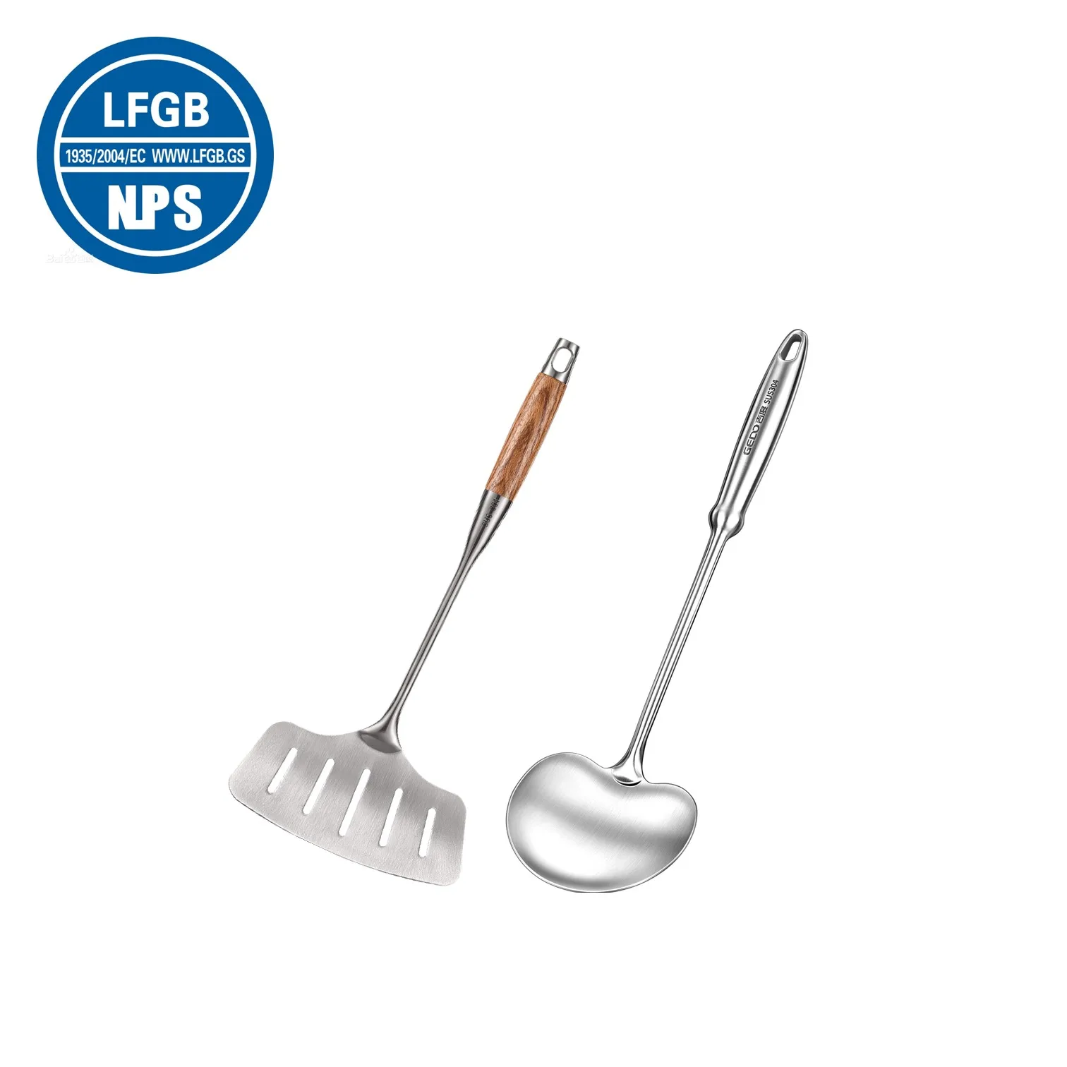 LFGB Certification 304 Stainless Steel Kitchen Round Head Spatula 295~425mm Length Cooking Shovel with Head Insulation Handle